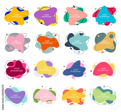 Set of 16 abstract graphic liquid elements in memphis style. Dynamical waves colored fluid shapes. Isolated banners with flowing liquids. Template for the design of a logo, flyer or presentation.