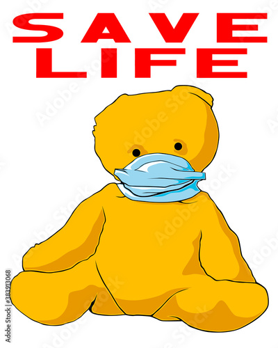 Teddy bear in a medical mask. Isolated object on white background