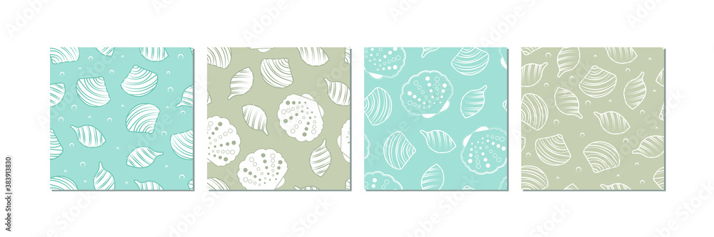 Seamless pattern set with images of cute seashells in neutral colors. marine theme in minimal scandinavian style - vector illustration, eps