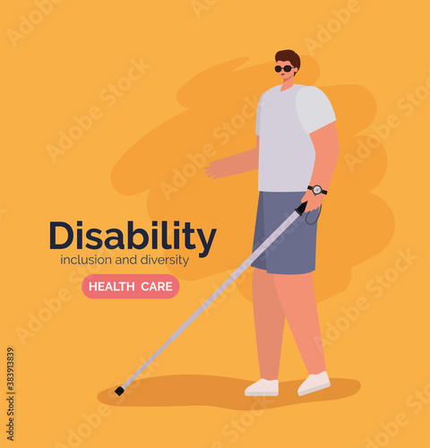 disability blind man cartoon with glasses and cane vector design