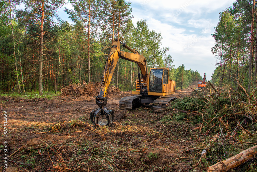 Excavator Grapple during clearing forest for new development. Tracked Backhoe with forest clamp for forestry work. Tracked timber Crane and Hydraulic Grab log Loader. Excavator Grapple during clearing forest for new development. Tracked Backhoe with forest clamp for forestry work. Tracked timber Crane and Hydraulic Grab log Loader.