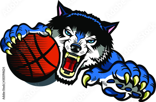 wolves basketball team mascot with ball for school, college or league
