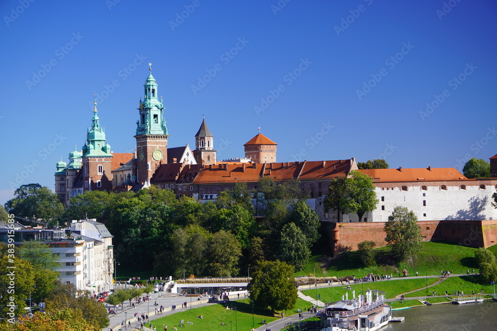 Krakow, Poland top view of old town and Wawel Poland top view of old town and Wawel castle on the hill, Visla river. View of the historic center, Aerial View