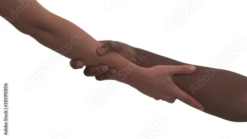 Unrecognizable mixed race couple's hands raising to each other. Woman grabs man's hand, trying to pull guy out and letting him go. Isolated on white background.