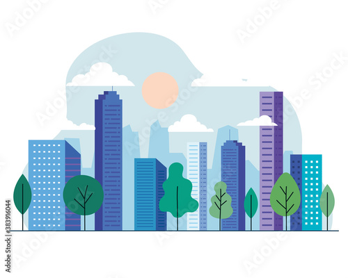 City buildings with trees sun and clouds design  architecture and urban theme Vector illustration