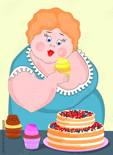 Happy fat woman eating cake . I hate diets. Health problems due to malnutrition. Vector