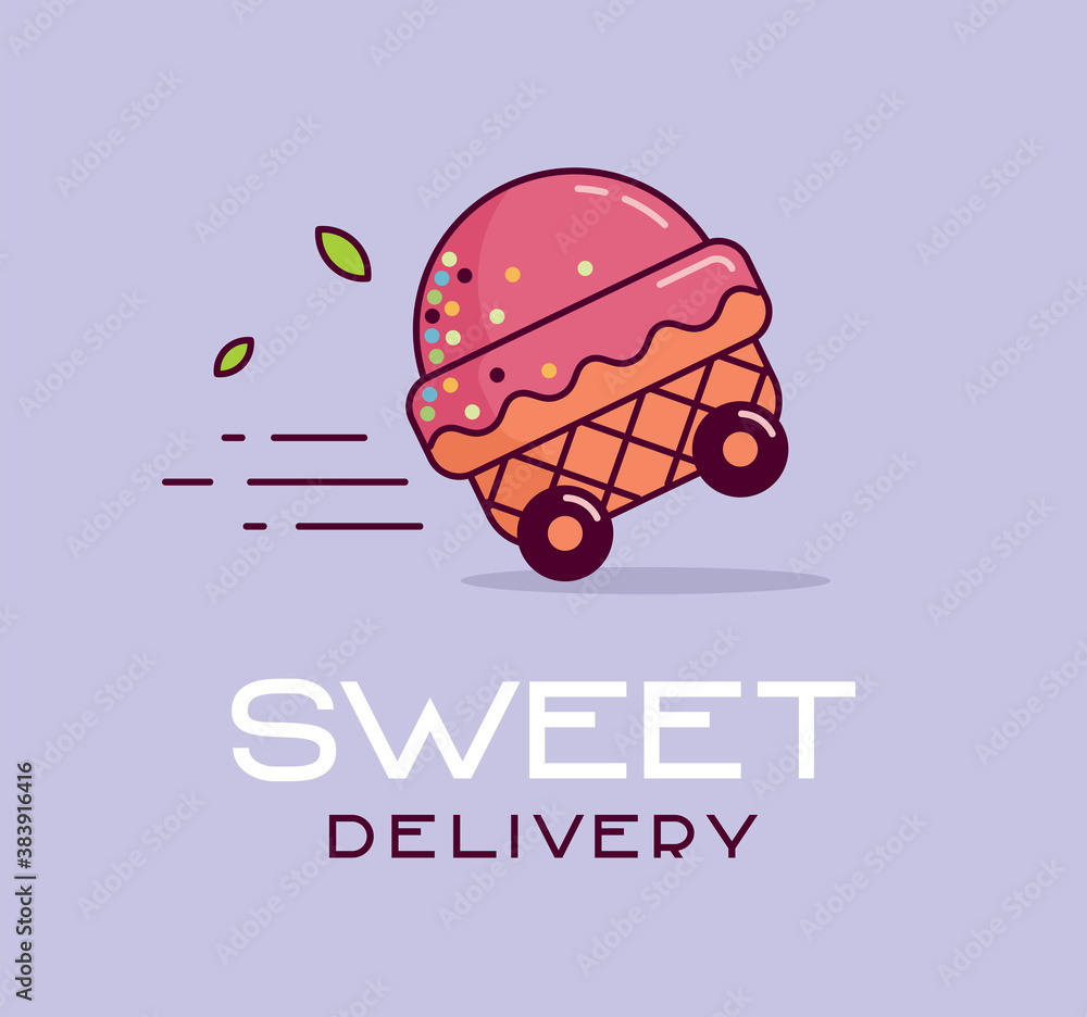 Ice cream delivery logo. Ice cream in a waffle on wheels goes fast
