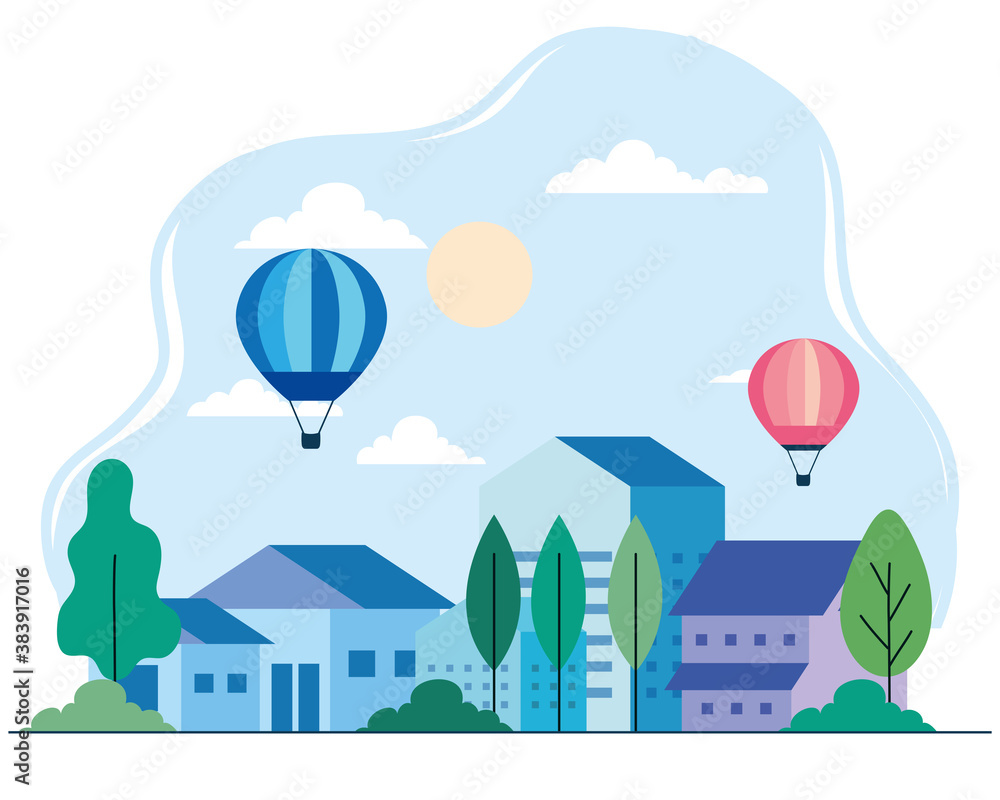 City houses with hot air balloons trees sun and clouds design, architecture and urban theme Vector illustration