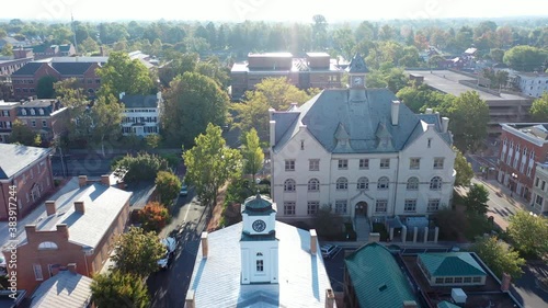 Aerial views of the beautiful courthouse and civil war museum on an early autumn morning in Winchester, Virgnia, VA. photo