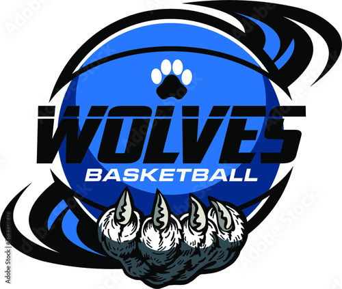 wolves basketball team design with claw holding ball for school, college or league