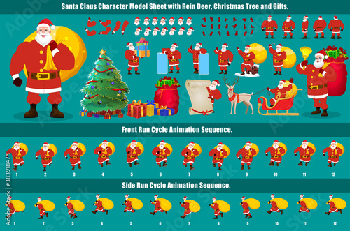 Christmas Santa Claus Character Design Model Sheet with walk cycle and run cycle animation.  Character design of Front, side, back view and explainer animation poses. Character set with lip sync