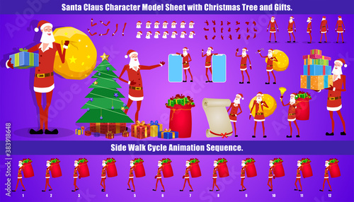 Christmas Santa Claus Character Design Model Sheet with walk cycle and run cycle animation.  Character design of Front, side, back view and explainer animation poses. Character set with lip sync