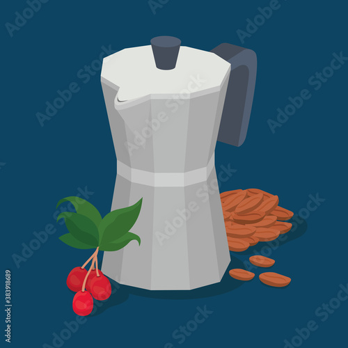 coffee moka pot beans berries and leaves vector design