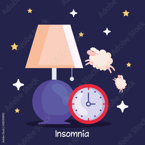 insomnia clock lamp and sheeps design, sleep and night theme Vector illustration