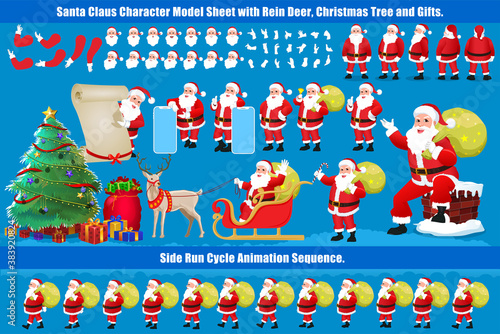 Christmas Santa Claus Character Design Model Sheet with walk cycle and run cycle animation.  Character design of Front, side, back view and explainer animation poses. Character set with lip sync photo