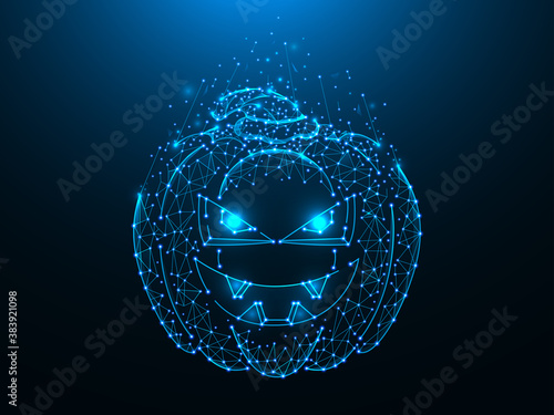 Halloween pumpkin abstract polygonal illustration. Pumpkin lantern made of lines and dots on a dark blue background.