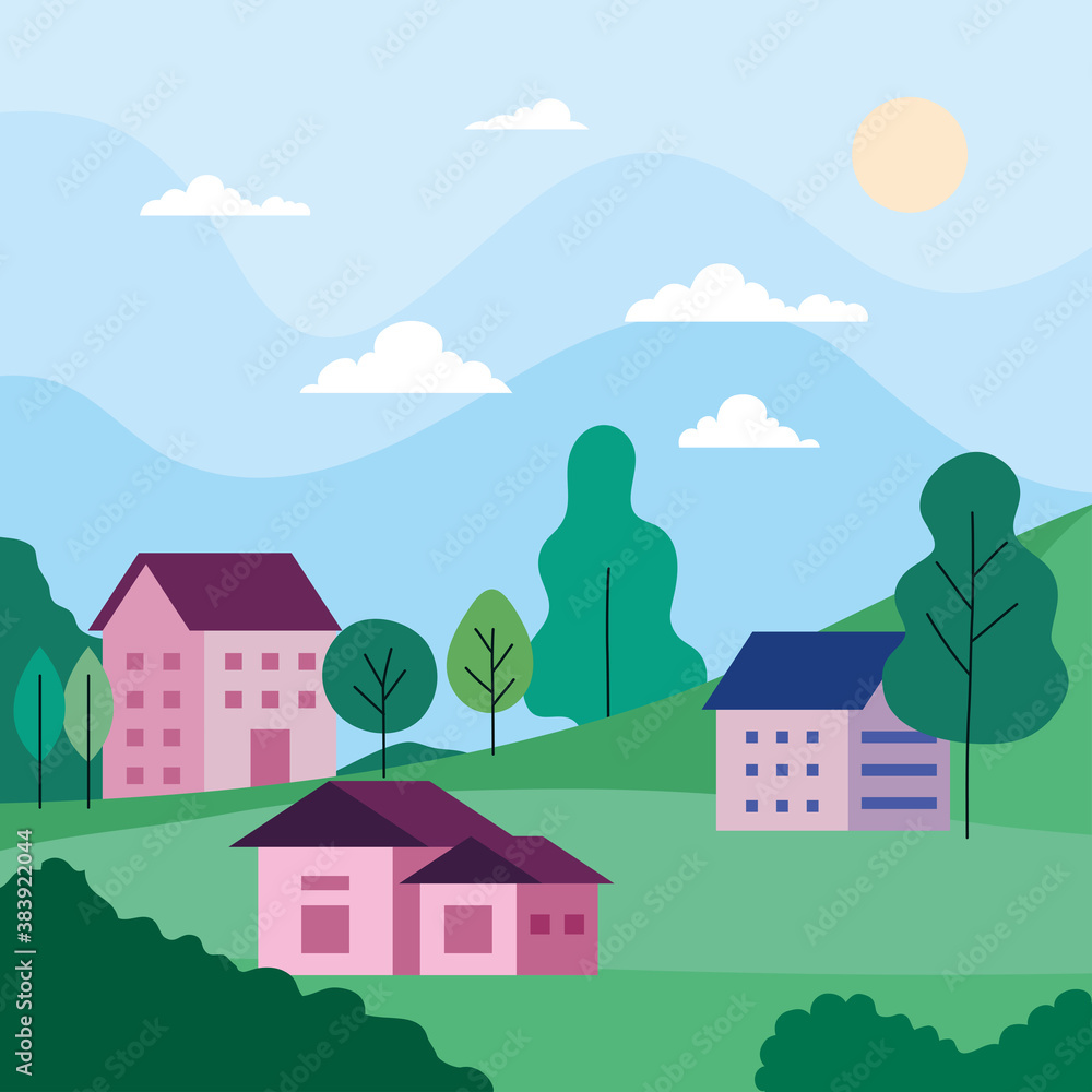 City landscape with houses trees clouds and sun design, architecture and urban theme Vector illustration City landscape with houses trees clouds and sun design, architecture and urban theme Vector illustration