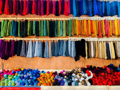 Colorful weaving wool walls taken at Chinchero of Peru photo