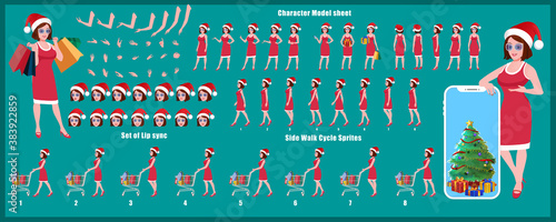 Christmas Santa Girl Character Design Model Sheet with walk cycle and run cycle animation.  Girl Character design of Front, side, back view and explainer animation poses. Character set with lip sync. 