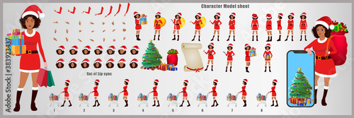 Christmas Santa Girl Character Design Model Sheet with walk cycle and run cycle animation.  Girl Character design of Front, side, back view and explainer animation poses. Character set with lip sync. 