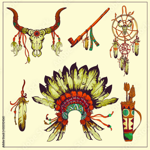 Set of Nothern America Indian elements colored