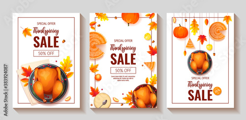 Set of Thanksgiving Day promo sale flyers on the white backgrounds. Baked turkey, Pumpkin pie, autumn leaves, aplles, acorns. A4 vector illustration for poster, banner, special offer.