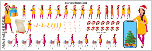 Christmas Santa Girl Character Design Model Sheet with walk cycle and run cycle animation.  Girl Character design of Front, side, back view and explainer animation poses. Character set with lip sync. 