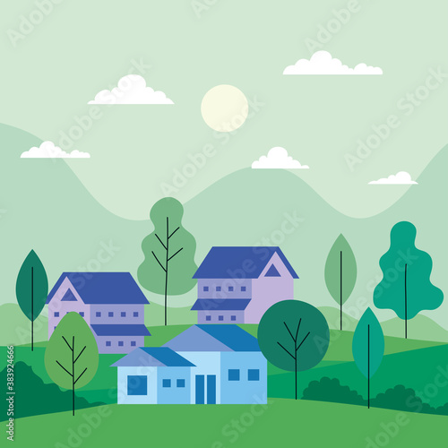 City landscape with houses trees clouds and sun design, architecture and urban theme Vector illustration