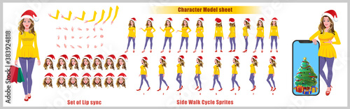 Christmas Santa Girl Character Design Model Sheet with walk cycle and run cycle animation.  Girl Character design of Front, side, back view and explainer animation poses. Character set with lip sync. 
