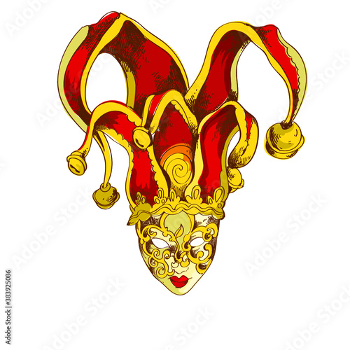 Hand drawn illustration of a venetian mask colored