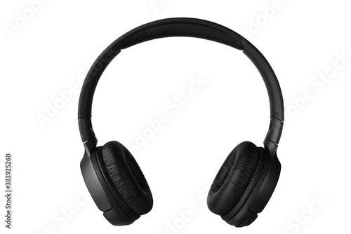 Black wireless headphones front view isolated on white background. Full depth of field. Clipping path.