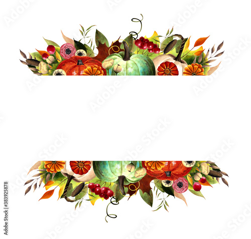 Autumn frame with flowers, leaves, berries on white background. Hand drawn illustration.