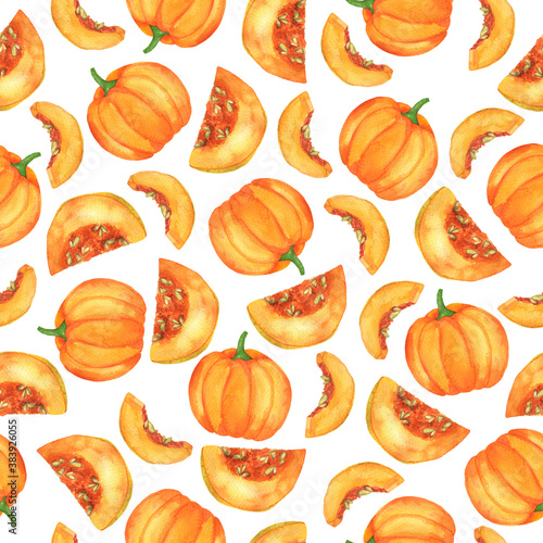 Seamless pattern with orange pumpkin on white background. Hand drawn watercolor illustration.