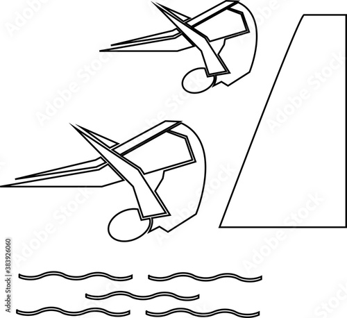 Contour of paired synchronized diving. Sportsman isolated on white background. Vector illustration.