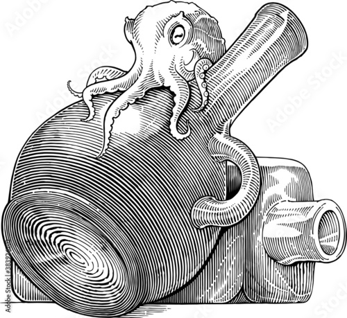 Black and white vector drawing of tiny octopus sitting on bottles