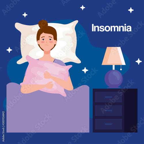 insomnia woman on bed with pillow and lamp design, sleep and night theme Vector illustration