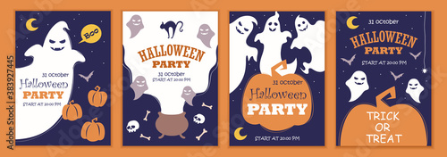 Halloween decor. Ghosts and bats.Set of colorful templates for banners, posters, flyers, cards, invitations. Monsters, Pumpkin, Cauldron. Spooky Cartoon Vector Illustrations. Childrens holiday design.