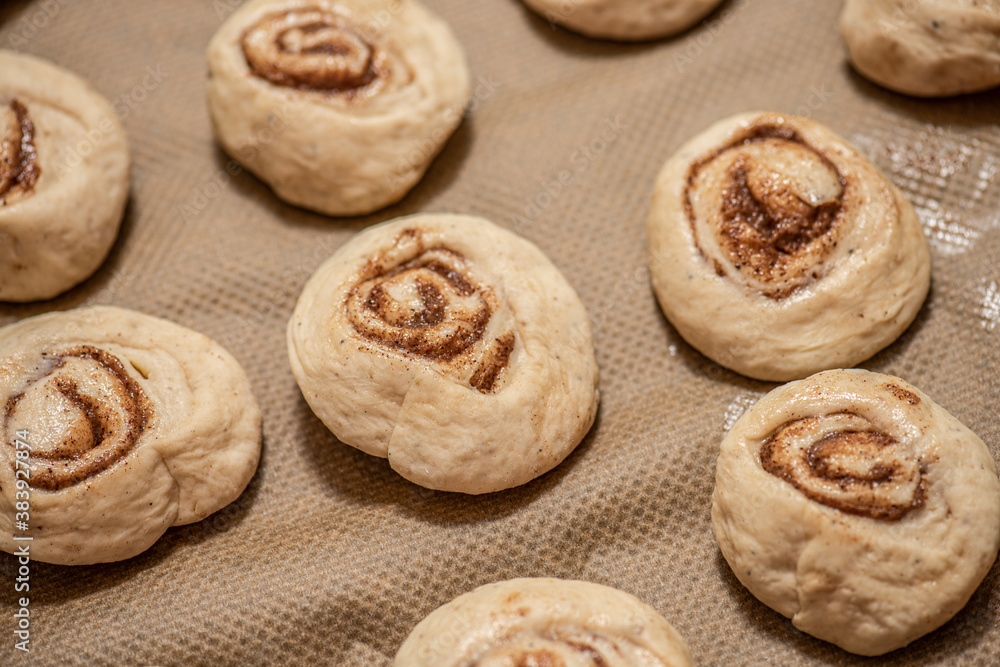 Cinnamon buns on a plate before baking.