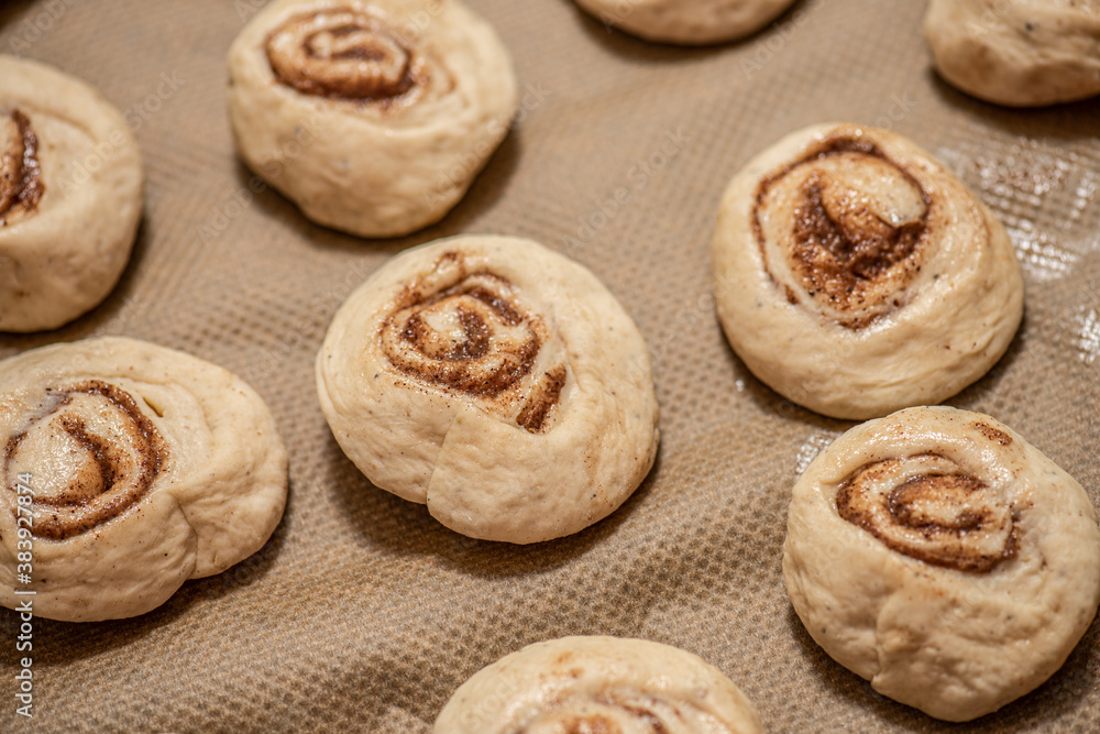 Cinnamon buns on a plate before baking. Cinnamon buns on a plate before baking.