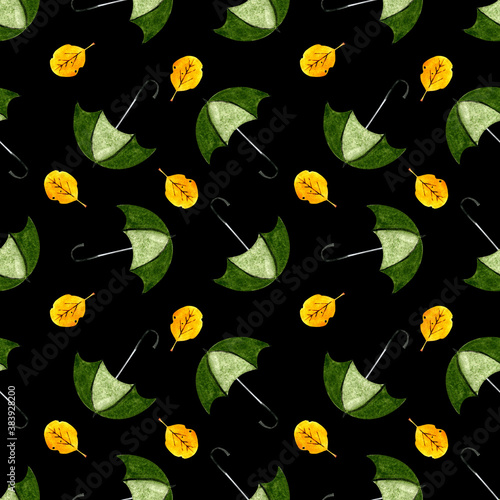 Seamless pattern with greeb umbellas and yellow leaves on black background. Watercolor illustration photo