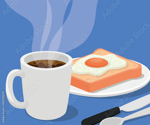 coffee mug with egg on bread and cutlery vector design