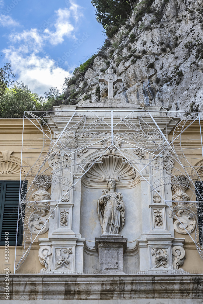 Architectural details of Palermo carved Church of Saint Rosalia (XVII century) at top of Monte Pellegrino (Pilgrim Mountain), which overlooks whole Palermo bay. Palermo, Sicily, Italy.