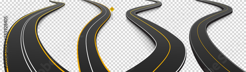 Winding roads, black asphalt highways with white and yellow marking. Vector realistic set of curved car ways or streets and dead end sign isolated on transparent background