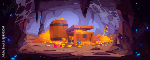 Treasure cave with golden coins in chest and wooden barrel, crystal gems, crown, sword in pile of gold and goblet with precious rocks, ancient fantasy magic tomb or mine, Cartoon vector illustration