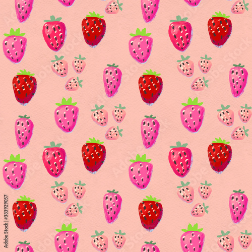 Seamless pattern with ripe strawberry. Hand drawn texture with berries watercolor background