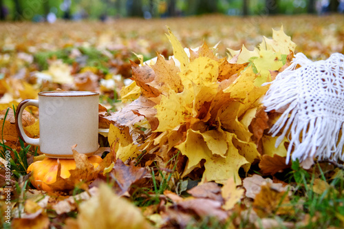 Ceramic Cup on autumn leaves and white wool scarf