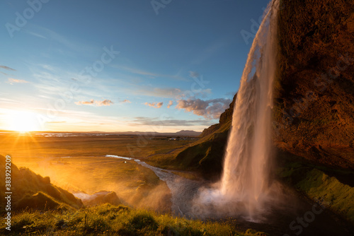 Seljalandfoss waterfall in sunset time, Iceland