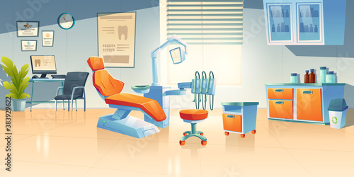 Dentist cabinet, stomatology room in clinic or hospital. Vector cartoon interior of empty dental office with doctor table and chair with lamp and tools for tooth treatment, clean and oral care