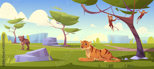 Savannah landscape with tiger, monkeys and jackal. Vector cartoon scenery of african savanna, summer natural park or tropical safari with wild animals, green trees and stones