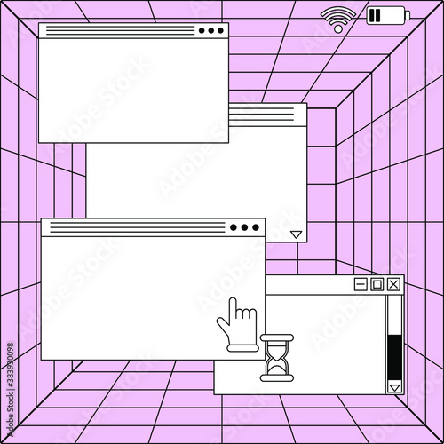 Collage of user interface elements, UI and UX theme. Trendy cover in vaporwave 80's-90's style, retrowave aesthetics.